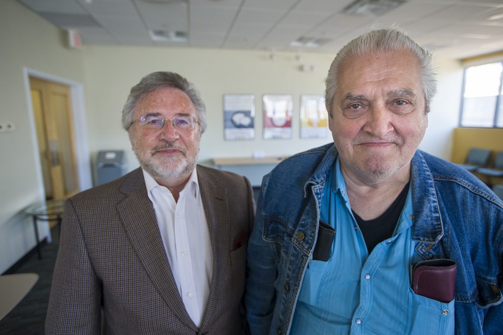 Former DOC Deputy Commissioner Dave Daley, left, poses for a portrait with Bobby Dellelo, who spent 40 years in prison, five of them in solitary confinement. (Jesse Costa/WBUR)