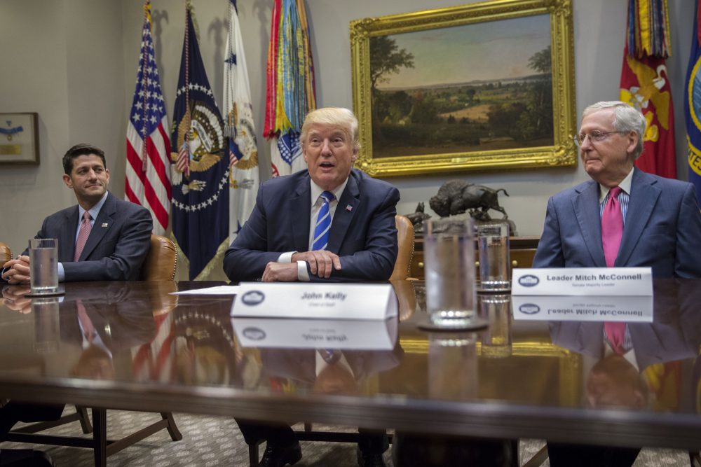 President Trump (center), with Speaker of the House Paul Ryan (left) and Senate Majority Leader Mitch McConnell, delivers remarks during a meeting with members of Congress and his administration regarding a tax overhaul, in the Roosevelt Room of the White House on Sept. 5, 2017 in Washington, D.C. (Shawn Thew-Pool/Getty Images)