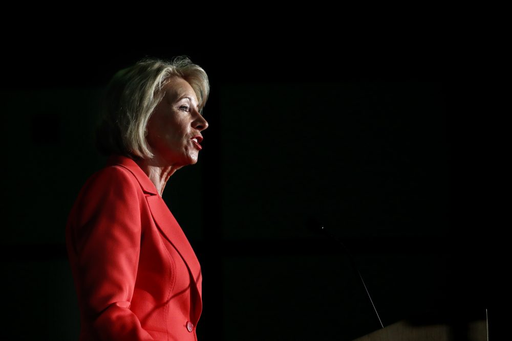 Education Secretary Betsy DeVos declared that &quot;the era of 'rule by letter' is over&quot; as she announced plans to change the way colleges and university handle allegations of sexual violence on campus, during a speech at George Mason University on Thursday, Sept. 7, 2017. (Jacquelyn Martin/AP)