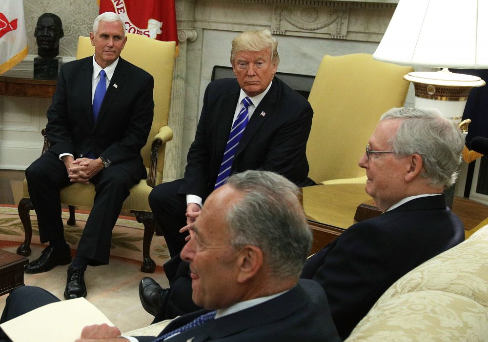 Clockwise from upper left, Vice President Pence and President Trump meet with Senate Majority Leader Mitch McConnell (R-Ky.), Senate Minority Leader Chuck Schumer (D-N.Y.) and other congressional leaders in the Oval Office of the White House Sept. 6, 2017 in Washington, D.C. (Alex Wong/Getty Images)
