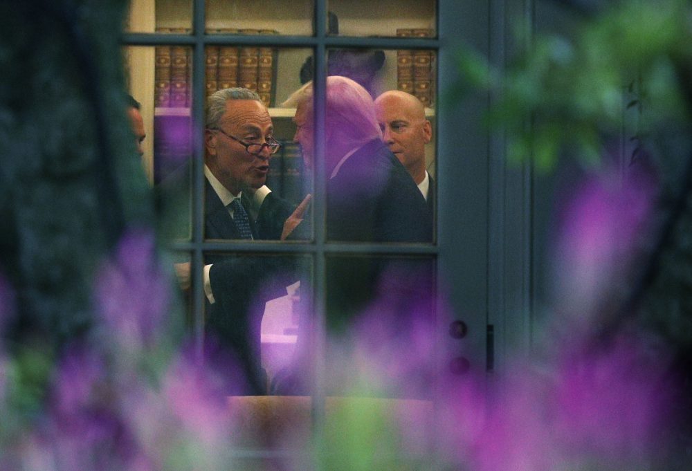 Senate Minority Leader Chuck Schumer (D-N.Y.) (left) makes a point to President Trump in the Oval Office prior to his departure from the White House on Sept. 6, 2017 in Washington, D.C. (Alex Wong/Getty Images)