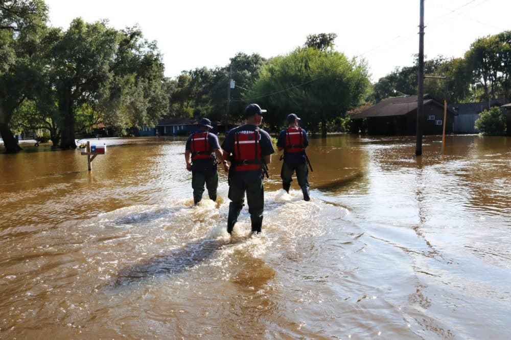(From Left) Scott Lewis, Mike Wolfe and Dave Lauchner, members of Urban Search and Rescue California Task Force 7 and the Sacramento Fire Department, walk through Richwood, Texas, on Sept. 3, 2017. Richwood is one of many rural communities that continue to see major flooding over a week after Hurricane Harvey hit Texas. (Alex Emslie/KQED)