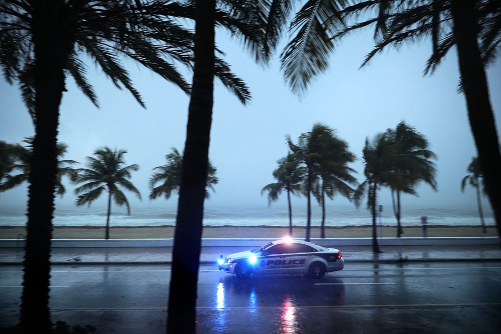 Police patrol the street running along Sebastian Street Beach ahead of the arrival of Hurricane Irma Sept. 9, 2017 in Fort Lauderdale, Fla. (Chip Somodevilla/Getty Images)