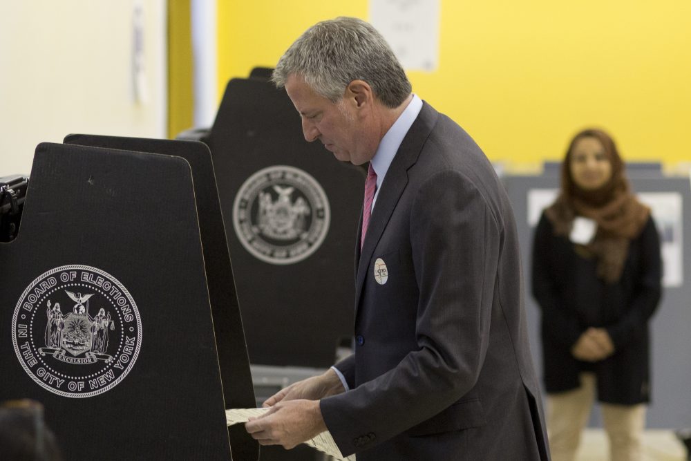 New York Mayor Bill de Blasio votes in the Democratic primary, Tuesday, Sept. 12, 2017 in the Brooklyn borough of New York. The mayor faces a crowded primary field, but no challengers with his organizing power or financial muscle, as he seeks a second term as the leader of the country's largest city. (Mark Lennihan/AP)