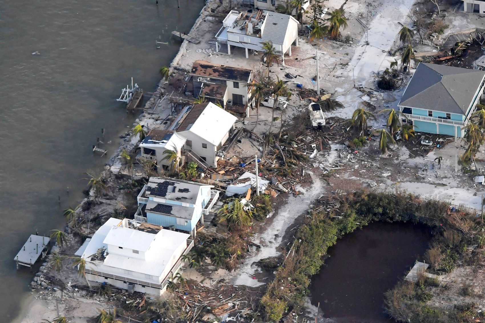 Damaged houses are seen in the aftermath of Hurricane Irma on Sept. 11, 2017 over the Florida Keys, Fla. (Matt McClain -Pool/Getty Images)