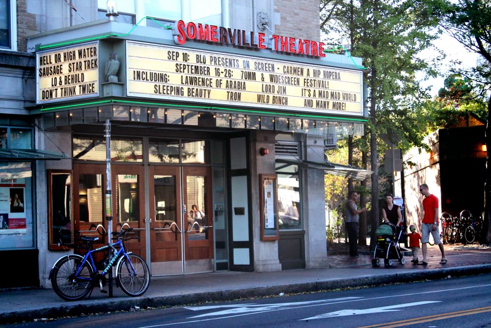 The Somerville Theatre in Davis Square, with dates for last year's 70mm & Widescreen Festival noted in the marquee. (Amy Gorel/WBUR)