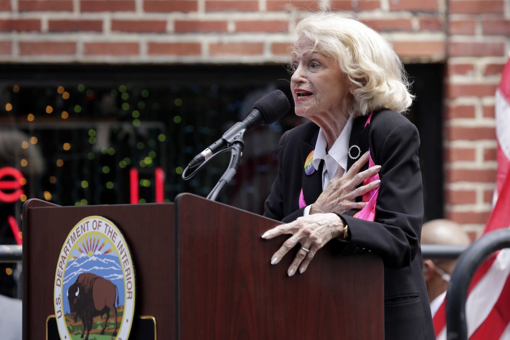 Edith Windsor leads the Pledge of Allegiance during the dedication of the Stonewall National Monument, outside the Stonewall Inn, in New York's Greenwich Village, Monday, June 27, 2016. (Richard Drew/AP)
