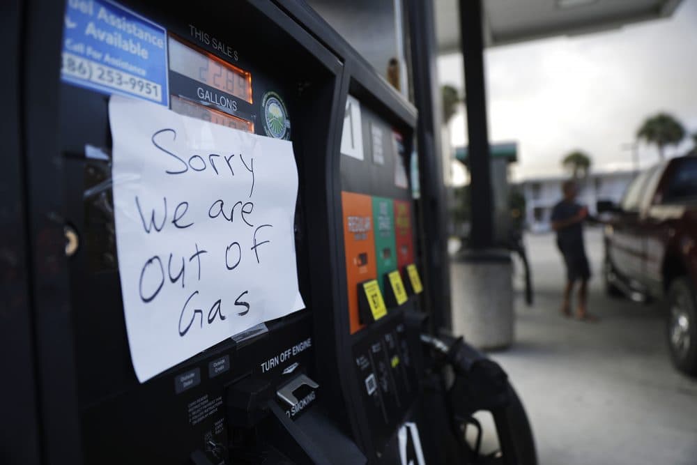 A note is posted to a gas pump after the station ran out of gas ahead of Hurricane Irma in Daytona Beach, Fla. on Sept. 8. (David Goldman/AP)