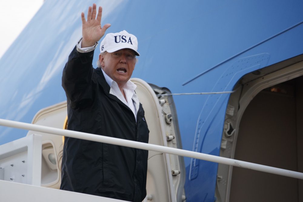 President Trump waves as he boards Air Force One for a trip to Florida to meet with first responders and people impacted by Hurricane Irma, Thursday, Sept. 14, 2017, in Andrews Air Force Base, Md. (Evan Vucci/AP)