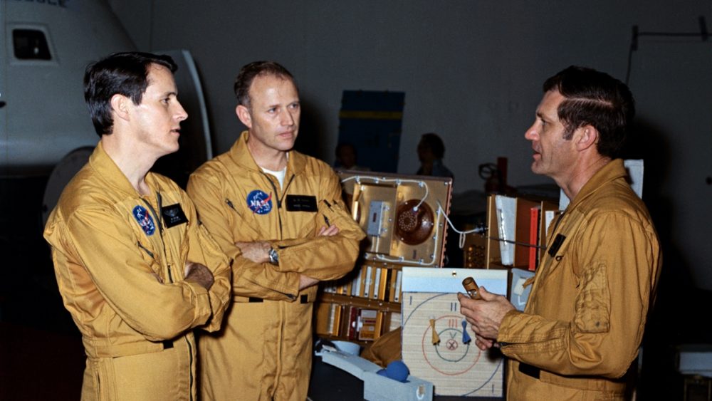 These three men make up the crew of the Skylab 4 mission. They are, left to right, scientist-astronaut Edward G. Gibson, science pilot; astronaut Gerald P. Carr, commander; and astronaut William R. Pogue, pilot. (NASA)