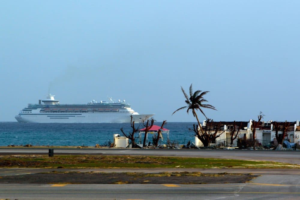 A cruise ship is seen leaving port days after this Caribbean island sustained extensive damage in the wake of Hurricane Irma, Friday, Sept. 15, 2017 in St. Martin. (Ricardo Arduengo/AFP/Getty Images)