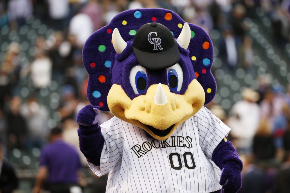 Dinger, the Colorado Rockies mascot, cheers following a baseball game on opening day against the Chicago Cubs, Friday, April 10, 2015, in Denver. (Jack Dempsey/AP)