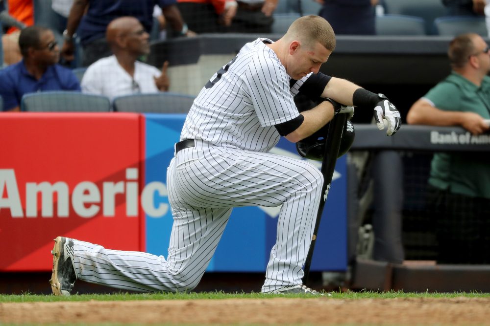 Todd Frazier of the New York Yankees reacts after a child was hit by a foul ball off his bat in the fifth inning against the Minnesota Twins on Sept. 20, 2017 at Yankee Stadium in the Bronx borough of New York City. (Abbie Parr/Getty Images)