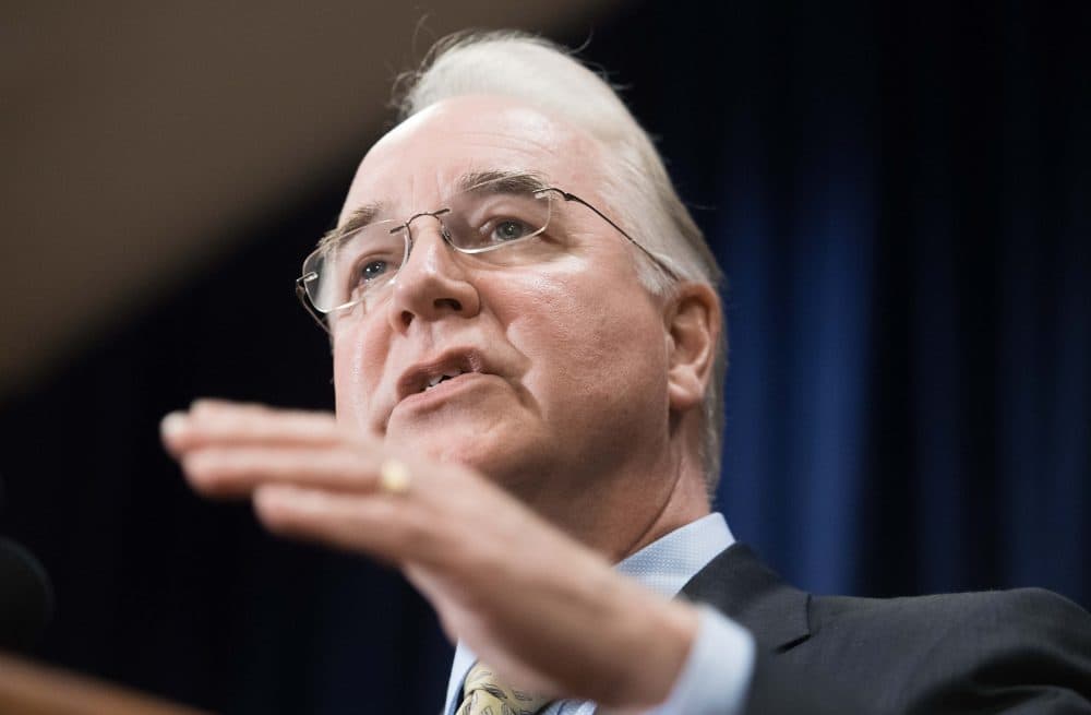 Health and Human Services Secretary Tom Price speaks to the press after President Trump held a meeting with administration officials in Bridgewater, N.J., on Aug. 8, 2017, on the opioid addiction crisis. (Nicholas Kamm/AFP/Getty Images)