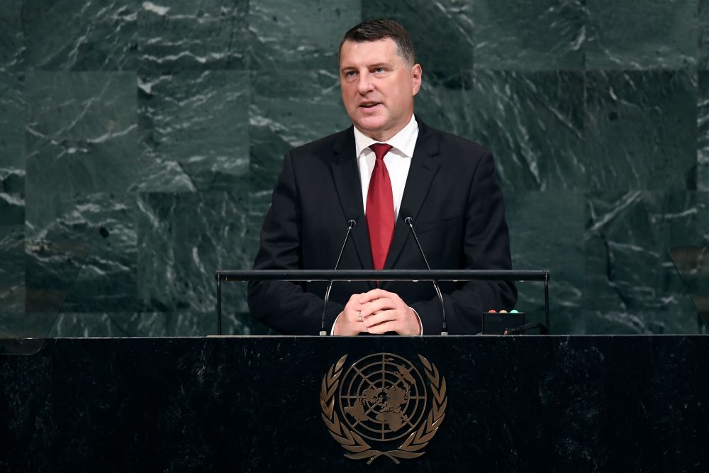 Latvia's President Raimonds Vejonis addresses the 72nd Session of the U.N. General Assembly at the United Nations, in New York on Sept. 20, 2017. (Jewel Samad/AFP/Getty Images)