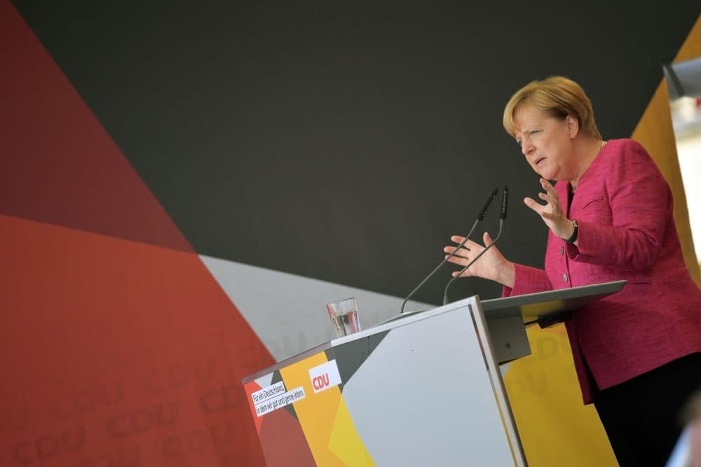 German Chancellor and Christian Democrat (CDU) Angela Merkel speaks at a CDU election campaign stop on Sept. 22, 2017, in Heppenheim, Germany. Germans will go to the polls this coming Sunday and Merkel currently has a double-digit lead over her rivals, though the final election outcome remains uncertain as a significant percentage of voters have so far remained undecided. (Thomas Lohnes/Getty Images)