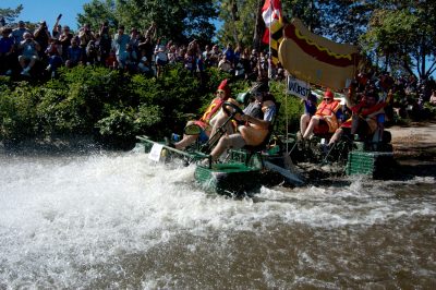 &quot;The Wurst&quot; by students from Jemicy High School in Maryland splashes into the Merrimack River. (Greg Cook/WBUR)