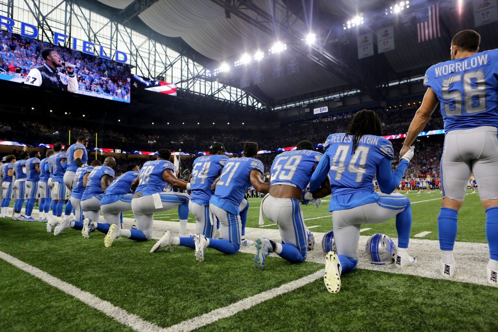 Members of the Detroit Lions take a knee during the playing of the national anthem prior to the start of the game against the Atlanta Falcons at Ford Field on Sept. 24, 2017, in Detroit. (Rey Del Rio/Getty Images)