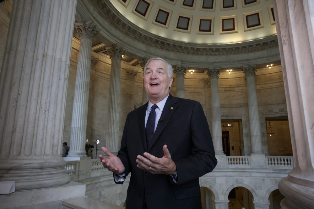 In this March 3, 2017 file photo, Sen. Luther Strange, R-Ala., who replaced Attorney General Jeff Sessions in the Senate, does a TV interview on Capitol Hill in Washington. (J. Scott Applewhite, file/AP)
