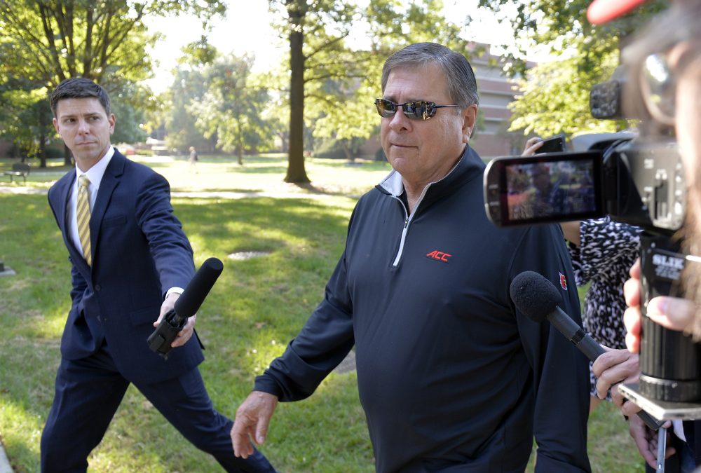 University of Louisville Athletic Director Tom Jurich arrives at the university's administration building for a meeting, Wednesday, Sept. 27, 2017, in Louisville, Ky. (Timothy D. Easley/AP)