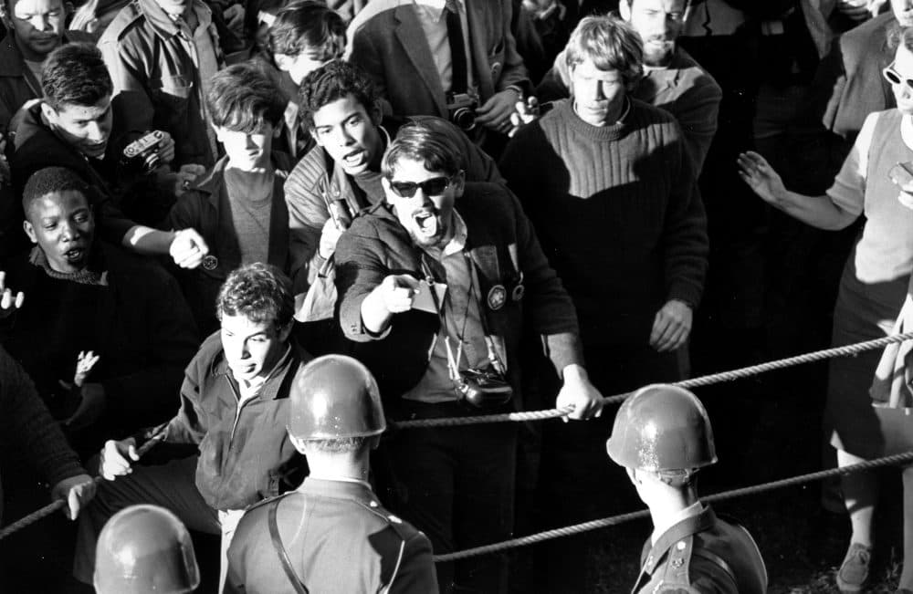 Military police face screaming anti-Vietnam War demonstrators at the Pentagon in Washington, D.C. on Oct. 21, 1967. (AP)