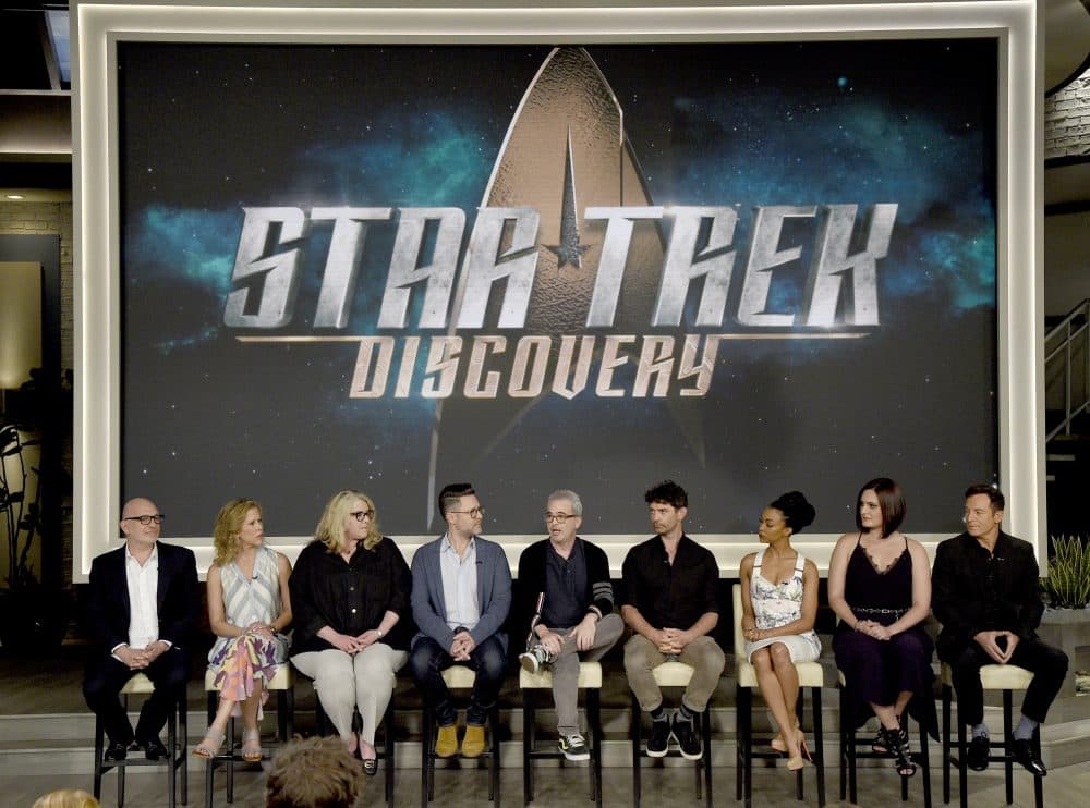 Executive producers Akiva Goldsman, from left, Heather Kadin, Gretchen Berg, Aaron Harberts and Alex Kurtzman and actors James Frain, Sonequa Martin-Green, Mary Chieffo and Jason Isaacs participate in the &quot;Star: Trek Discovery&quot; panel during the CBS Television Critics Association Summer Press Tour at CBS Studio Center on Tuesday, Aug. 1, 2017, in Beverly Hills, Calif. (Photo by Chris Pizzello/Invision/AP)