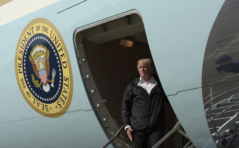 President Donald Trump boards Air Force One at Chennault International Airport in Lake Charles, La., following a visit with first responders to Hurricane Harvey, Saturday, Sept. 2, 2017. (Susan Walsh/AP)