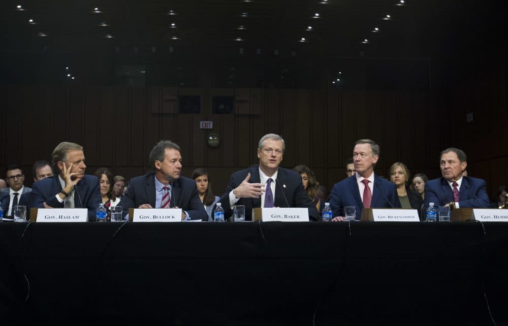 Governors from left; Bill Haslam of Tennessee, Steve Bullock of Montana, Charlie Baker of Massachusetts, John Hickenlooper of Colorado and Gary Herbert of Utah speak during the Senate Health, Education, Labor, and Pensions Committee hearing to discuss ways to stabilize health insurance markets​, on Capitol Hill in Washington, Thursday, Sept. 7, 2017. (Jose Luis Magana/AP)