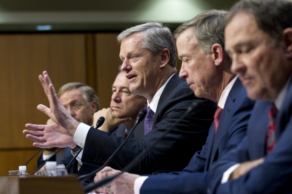 Massachusetts Gov. Charlie Baker, accompanied by from left by the governors of Tennessee, Montana, Colorado and Utah, speaks Thursday at a Senate committee hearing on ways to stabilize health insurance markets​. (Jose Luis Magana/AP)