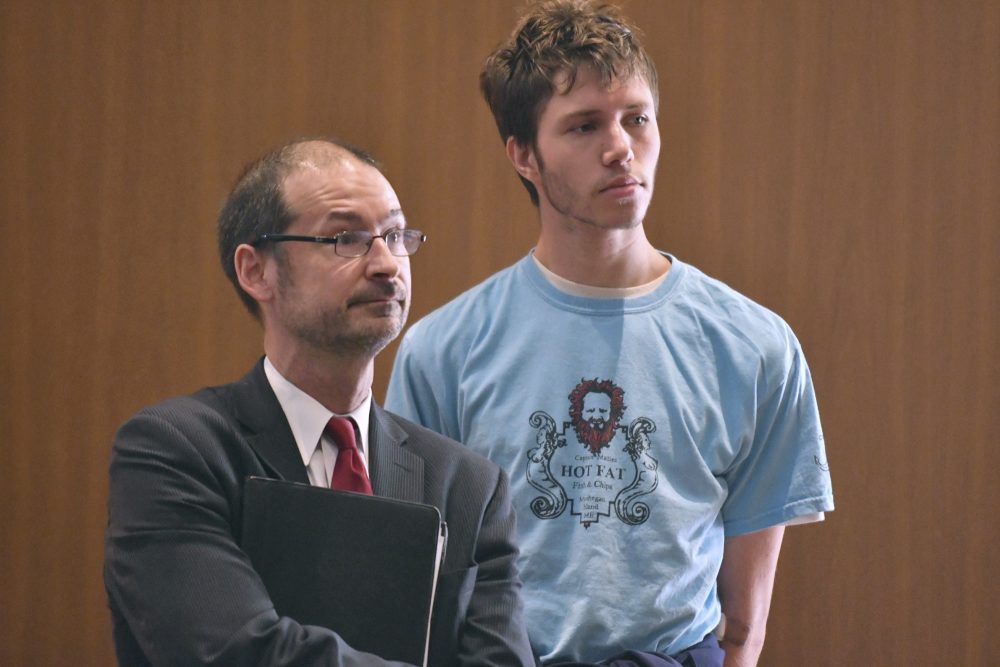 Orion Krause, right, stands with his attorney during his arraignment in Ayer District Court in Monday. Krause, of Rockport, Maine, was ordered held without bail at Bridgewater State Hospital pending a competency hearing at his arraignment on murder charges. (Josh Reynolds/The Boston Globe via AP, Pool)