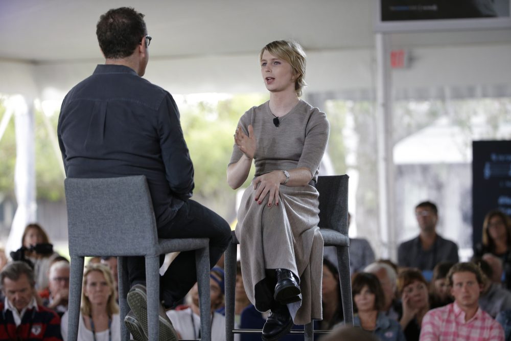 Chelsea Manning, right, is interviewed by filmmaker Eugene Jarecki, left, Sunday, Sept. 17, 2017, during a forum, in Nantucket, Mass. The forum is part of The Nantucket Project's annual gathering on the island of Nantucket. Manning is a former U.S. Army intelligence analyst who spent time in prison for sharing classified documents. (Steven Senne/AP)