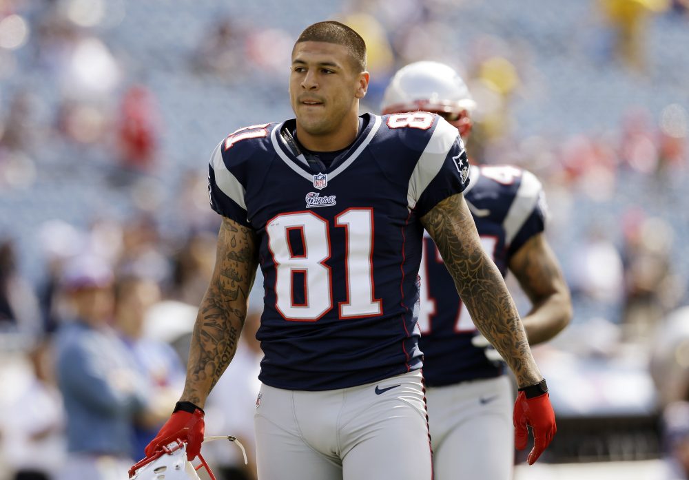 Aaron Hernandez pictured before a game on Sunday, Sept. 16, 2012 in Foxborough, Mass. (Elise Amendola/AP)