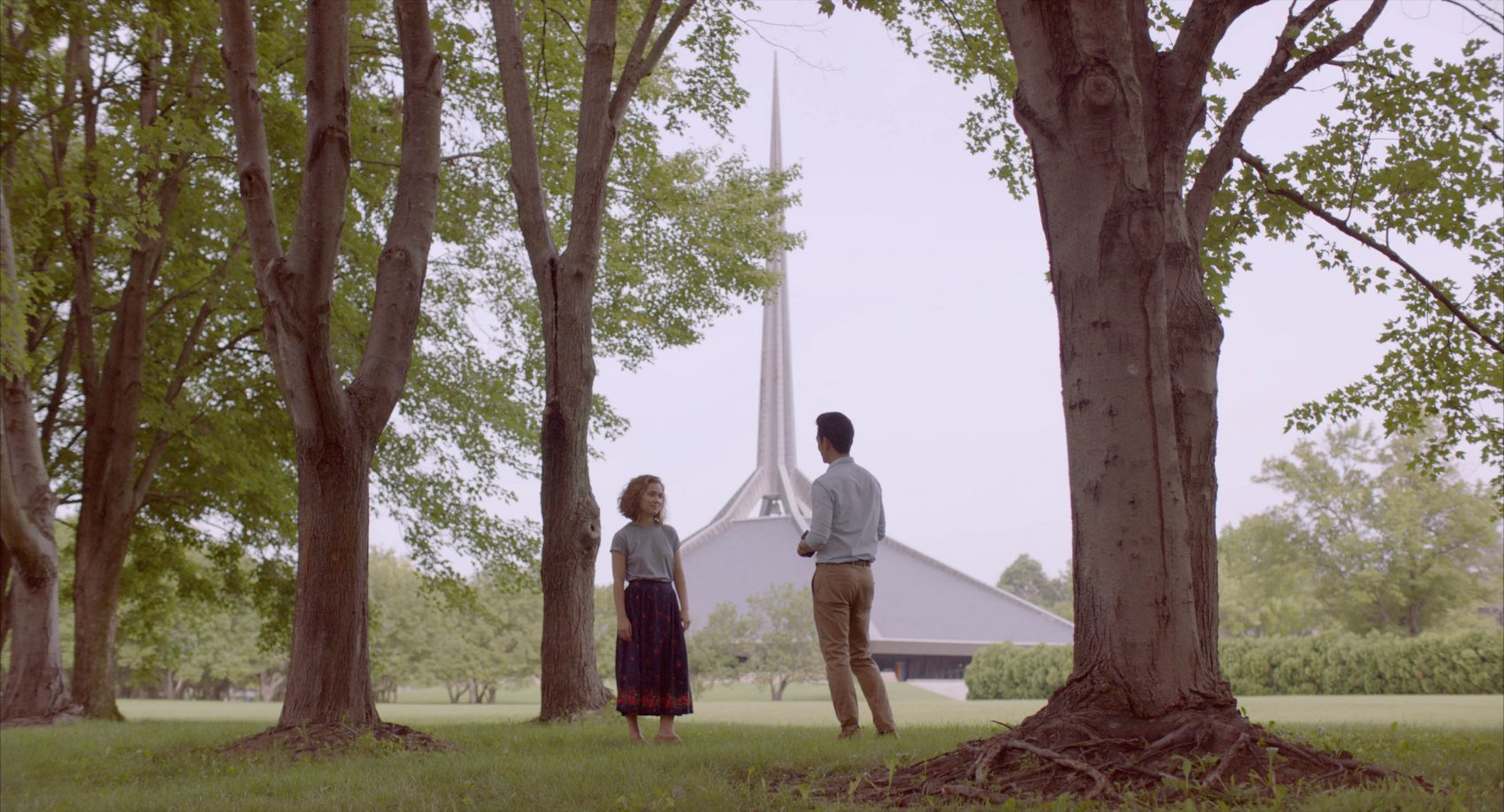Haley Lu Richardson and John Cho star in &quot;Columbus,&quot; playing at the Brattle Theatre. The building in the background is the North Christian Church by architect Eero Saarinen. (Courtesy Elisha Christian)
