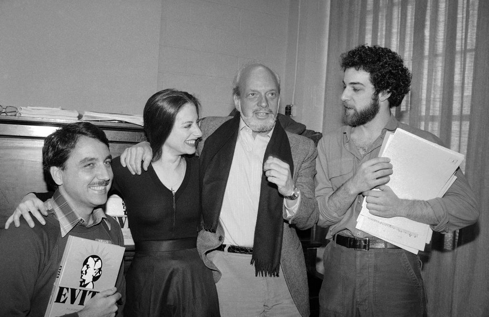 The director and leads of the 1979 Broadway production of &quot;Evita,&quot; from left: Bob Gunton, who played Juan Peron; Patti LuPone, who played Evita; director Hal Prince; and Mandy Patinkin, who played &quot;Che.&quot; (Marty Lederhandler/AP)