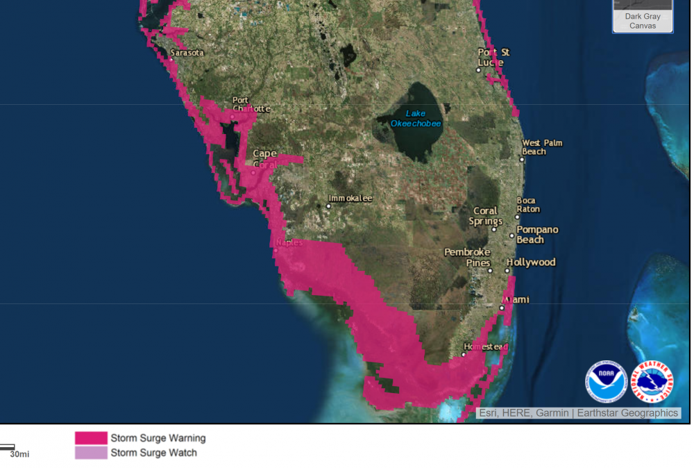 Surge warnings are posted for much of the Florida coast, especially the west. (Courtesy NOAA)