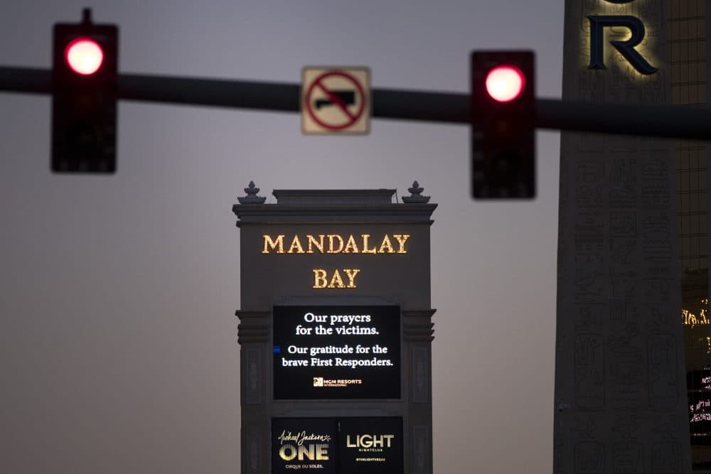 A message of condolences for the victims of Sunday night's mass shooting is displayed outside the Mandalay Bay Resort and Casino, Oct. 3, 2017 in Las Vegas, Nev. (Drew Angerer/Getty Images)