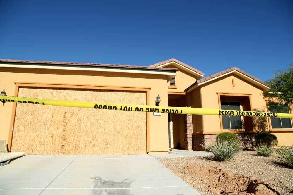 Remains of the garage door sit in the driveway in front of the house in the Sun City Mesquite community where suspected Las Vegas gunman Stephen Paddock lived, Oct. 2, 2017, in Mesquite, Nev. (Gabe Ginsberg/Getty Images)