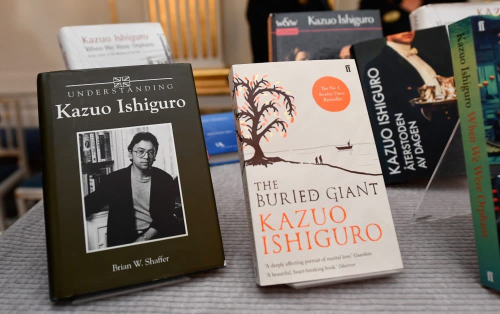 Books of British writer Kazuo Ishiguro are on display at the Swedish Academy in Stockholm, Sweden, where Ishiguro was announced as winner of the 2017 Nobel Prize in Literature on Oct. 5, 2017. (Jonathan Nackstrand/AFP/Getty Images)