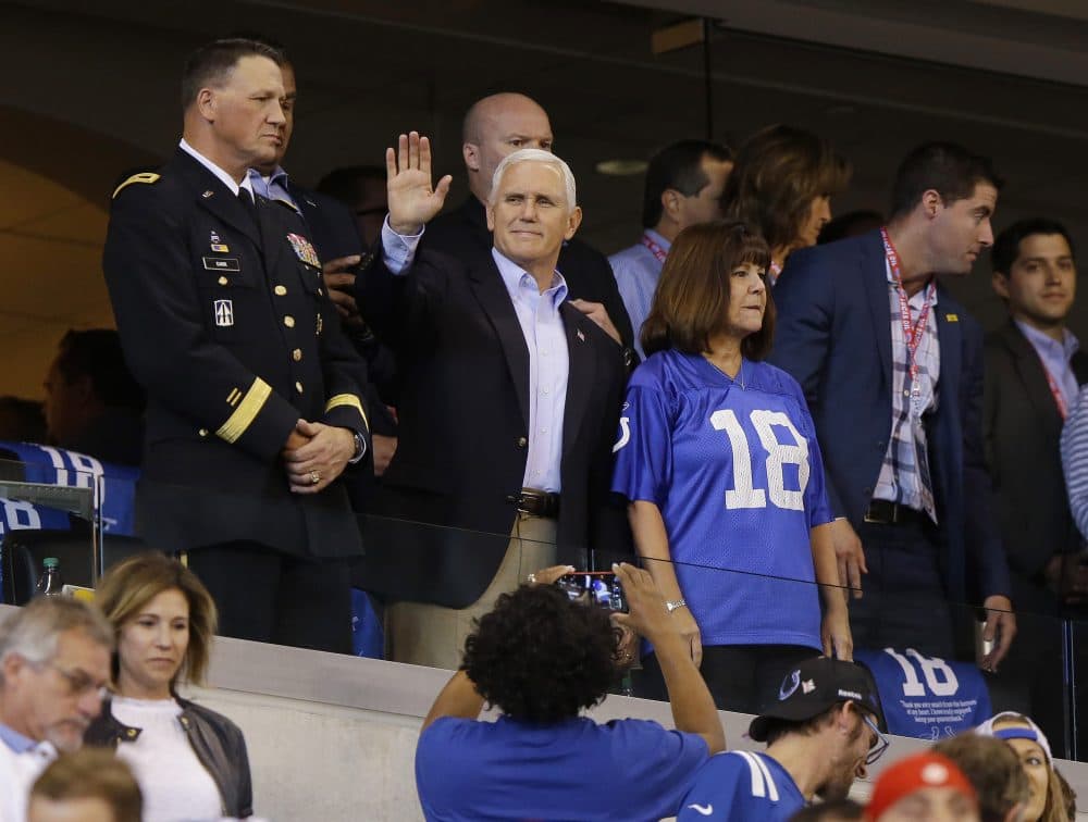 Vice President Mike Pence waves to fans before an NFL football game between the Indianapolis Colts and the San Francisco 49ers, Sunday, Oct. 8, 2017, in Indianapolis. (Michael Conroy/AP)