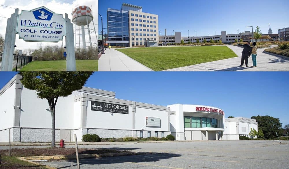 New Bedford, Worcester and Lawrence were among the Massachusetts cities that bid for Amazon's second headquarters. Clockwise from top left are three locations in the three cities. (Courtesy Taylor Cormier, 1420 WBSM; Jesse Costa/WBUR; Robin Lubbock/WBUR)