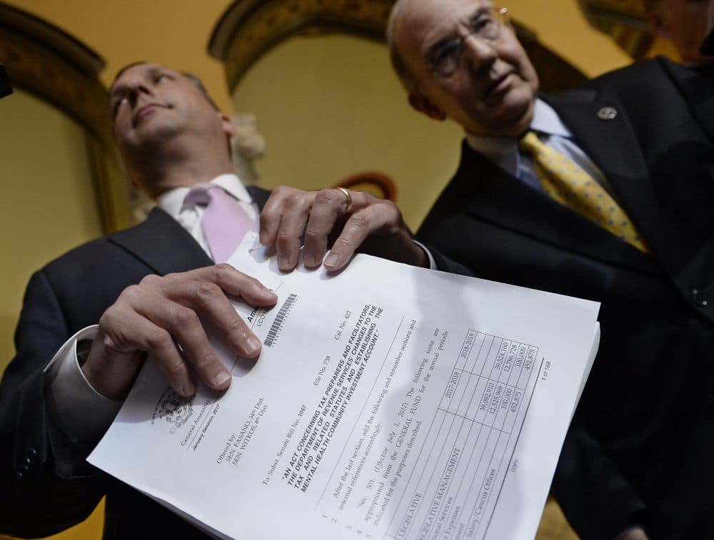 State Sen. Majority Leader Bob Duff, D-Norwalk, left, holds a GOP budget with State Democratic President Pro Tempore Martin M. Looney, D-New Haven, on the final day of session at the State Capitol, Wednesday, June 7, 2017, in Hartford, Conn. (Jessica Hill/AP)