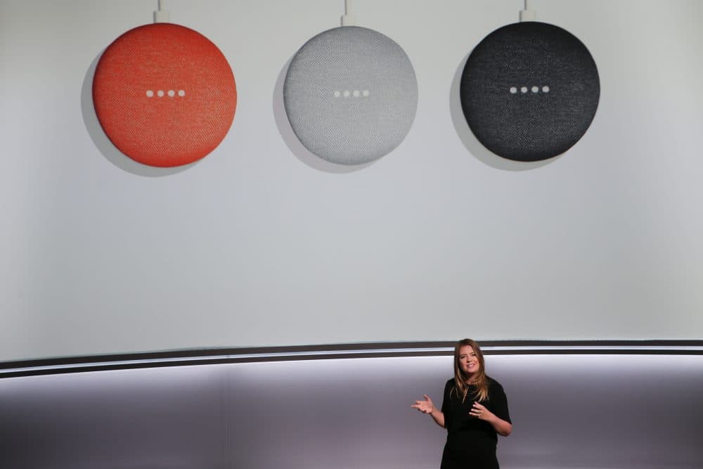 Isabelle Olsson, lead designer for home hardware for Google, Inc., introduces the new Google Home Mini at a product launch event, Oct. 4, 2017, at the SFJAZZ Center in San Francisco. (Elijah Nouvelage/AFP/Getty Images)