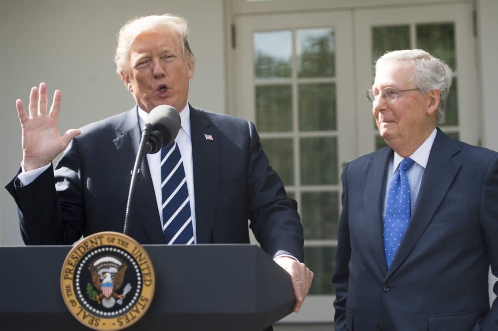 President Trump speaks to the press alongside Senate Majority Leader Mitch McConnell (R-Ky.) in the Rose Garden of the White House in Washington, D.C., on Oct. 16, 2017. (Saul Loeb/AFP/Getty Images)