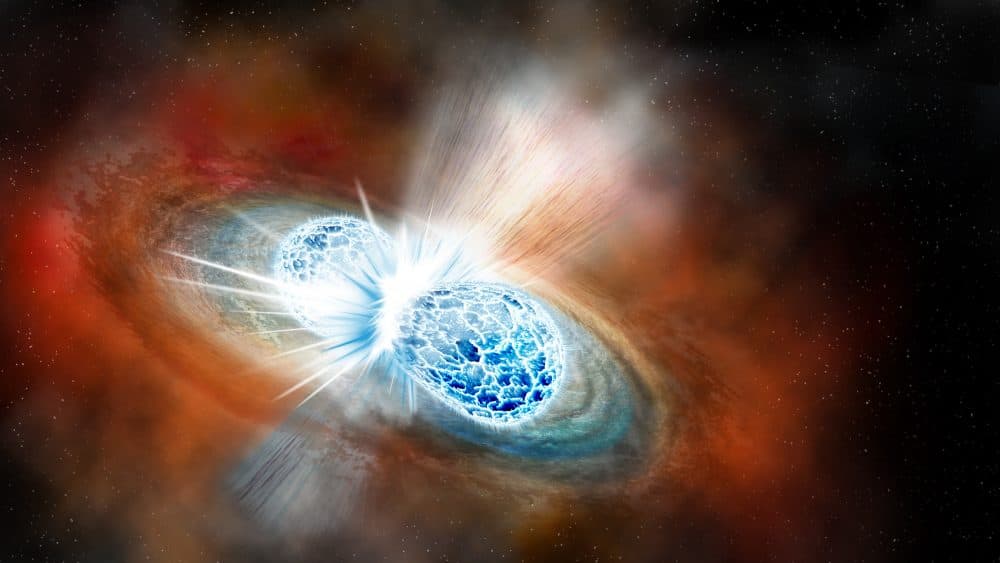 An artist’s concept of the explosive collision of two neutron stars. (Robin Dienel/The Carnegie Institution for Science)