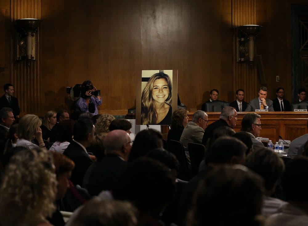 A large photo of Kathryn &quot;Kate&quot; Steinle who was killed by an immigrant living in the U.S. illegally, is shown while her dad Jim Steinle testifies during a Senate Judiciary Committee hearing on Capitol Hill, July 21, 2015 in Washington, D.C. (Mark Wilson/Getty Images)