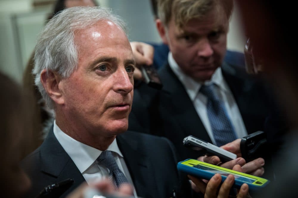 Sen. Bob Corker (R-Tenn.) talks with reporters as he heads to a vote on amendments to the fiscal year 2018 budget resolution, on Capitol Hill, Oct. 19, 2017 in Washington, D.C. (Drew Angerer/Getty Images)