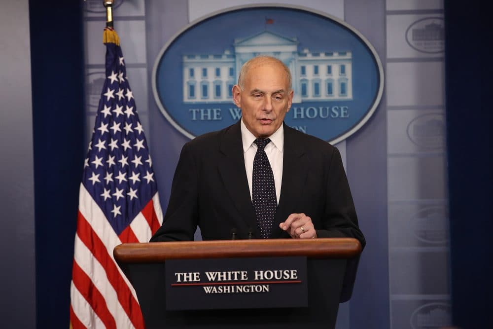 White House chief of staff John Kelly speaks during a White House briefing on Oct. 19, 2017 in Washington, D.C. Kelly spoke about the process of the military notifying family members of a death, his own son's death in Afghanistan and the controversy surrounding the news of President Trump's phone calls to Gold Star families. (Win McNamee/Getty Images)