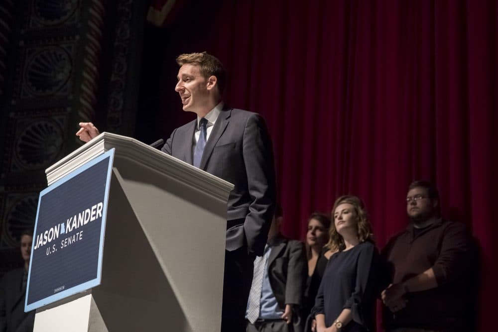 Jason Kander, Democratic candidate for U.S. Senate in Missouri, delivers his concession speech to supporters at Uptown Theater on Nov. 9, 2016 in Kansas City, Mo. (Whitney Curtis/Getty Images)