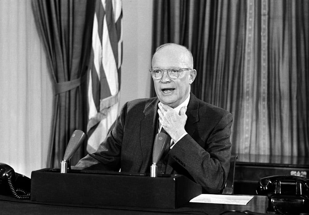President Dwight Eisenhower makes his farewell address to the nation in a television-radio broadcast three days before the end of his term in Washington, D.C., Jan. 17, 1961. (AP Photo)