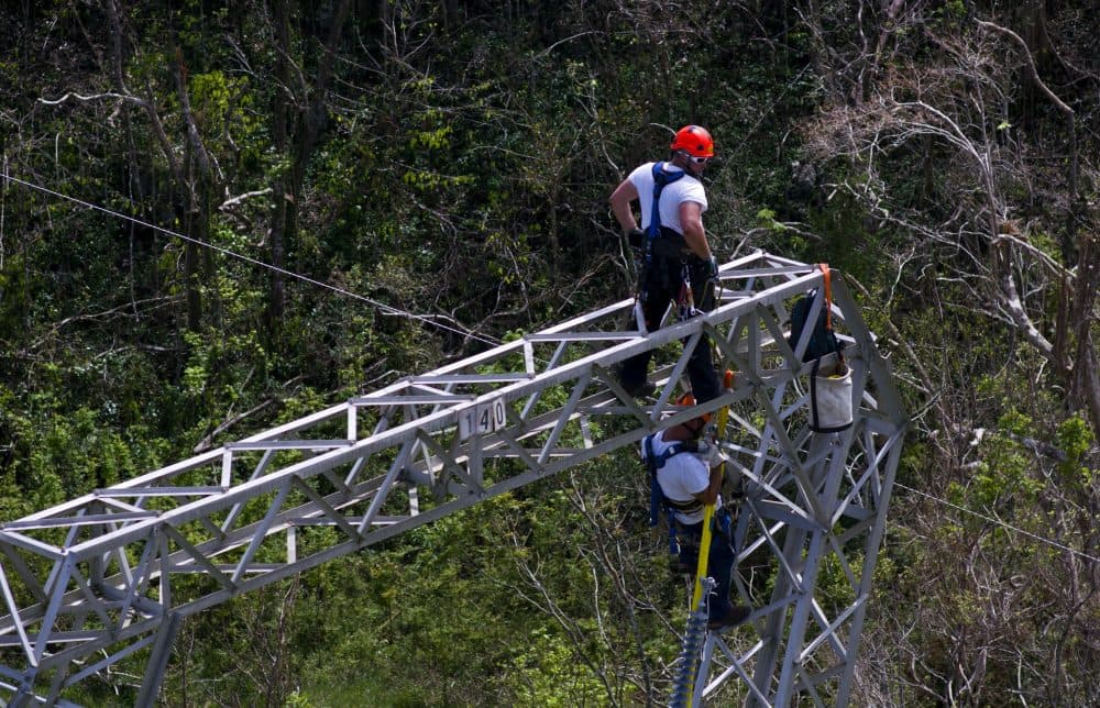 In this Sunday, Oct. 15, 2017 photo, Whitefish Energy Holdings workers restore power lines damaged by Hurricane Maria in Barceloneta, Puerto Rico. (Ramon Espinosa/AP)